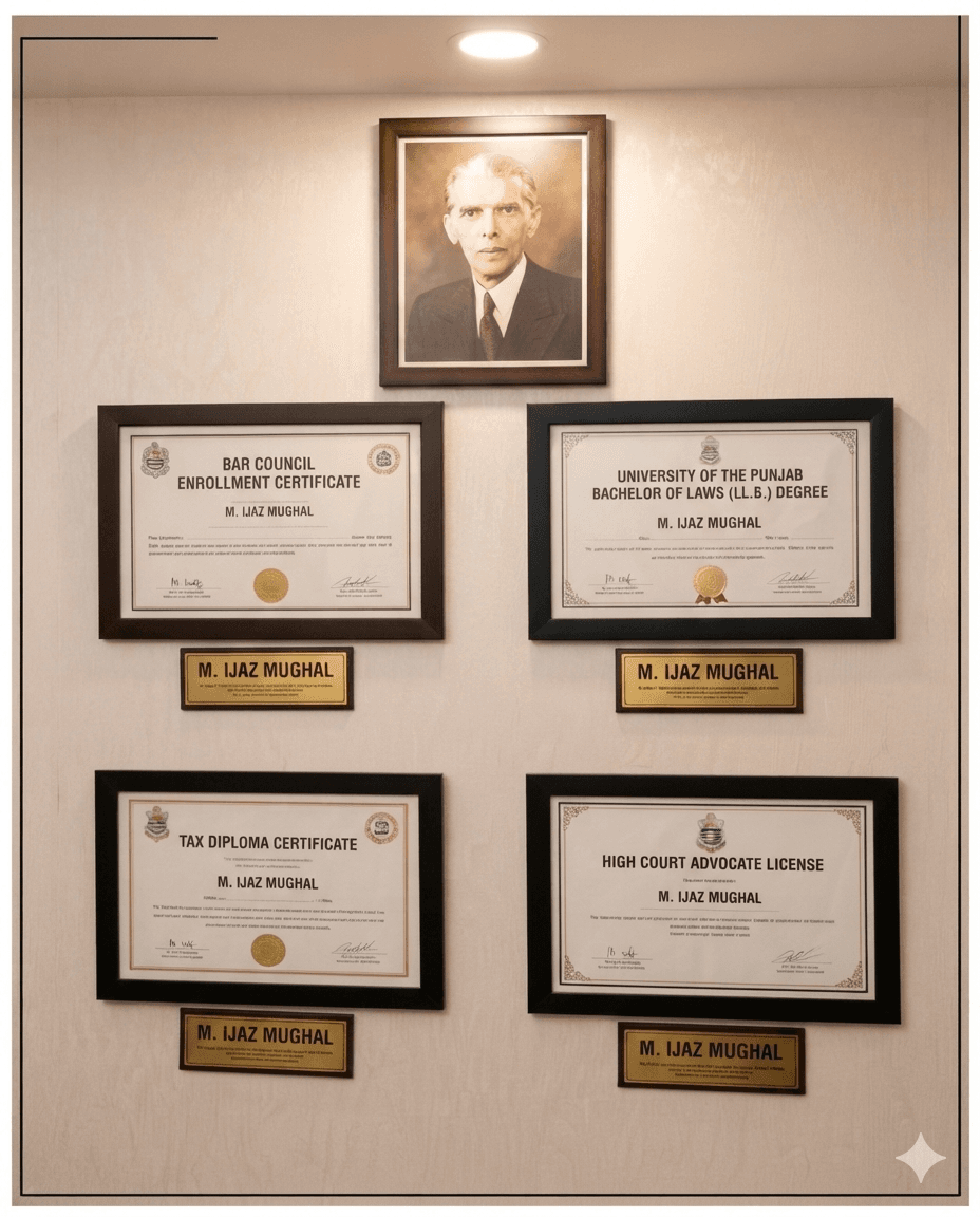 Framed law qualifications and licenses on the office wall