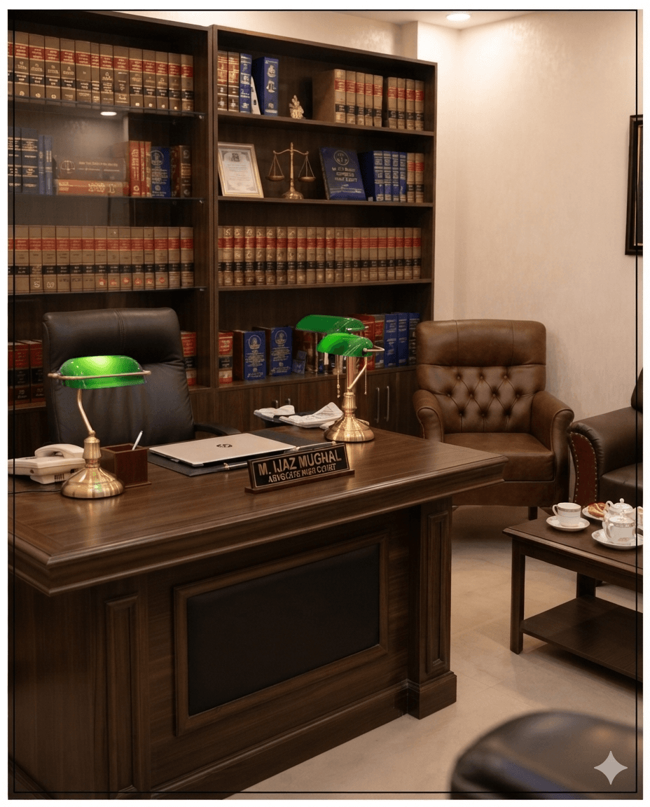 Office interior at Mughal Law Consultants — desk and law library